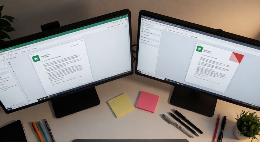editar en word gratis, Escritorio con dos monitores mostrando LibreOffice y un visor de PDF, entorno de trabajo minimalista