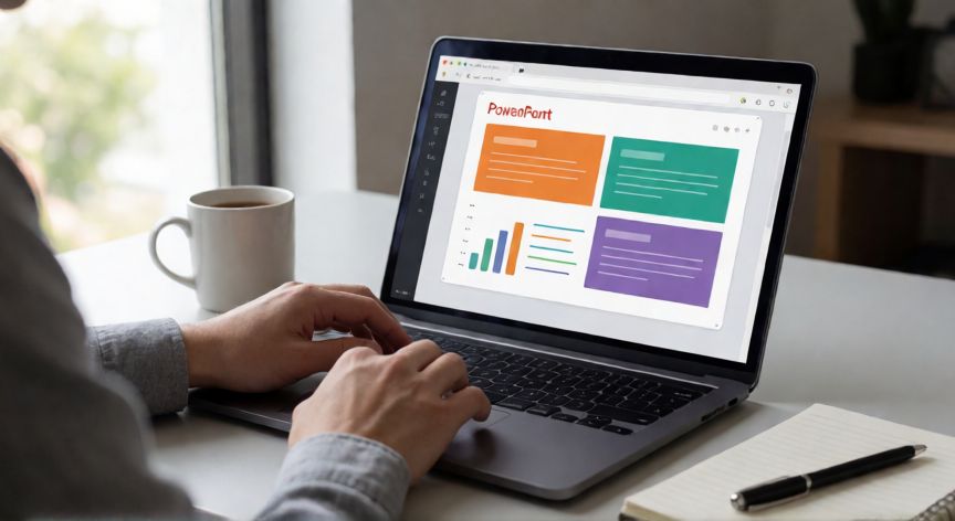 editar powerpoint en linea, Persona editando una presentación PowerPoint en línea desde el navegador en un portátil