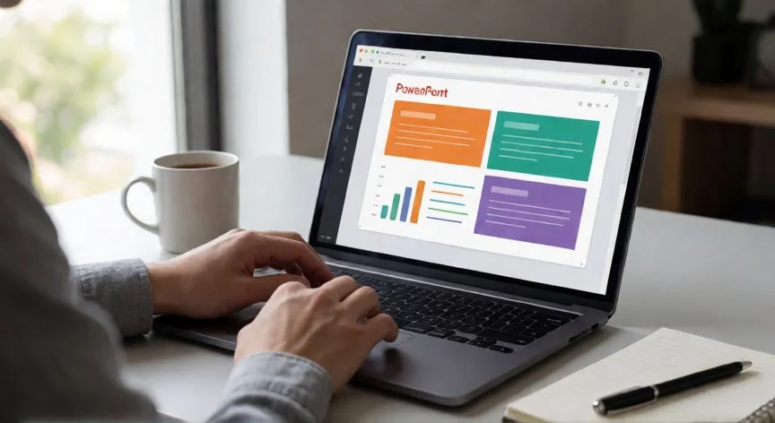 Persona editando una presentación PowerPoint en línea desde el navegador en un portátil