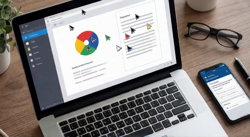 editar powerpoint en linea, Vista cenital de edición colaborativa de una presentación en línea con múltiples usuarios