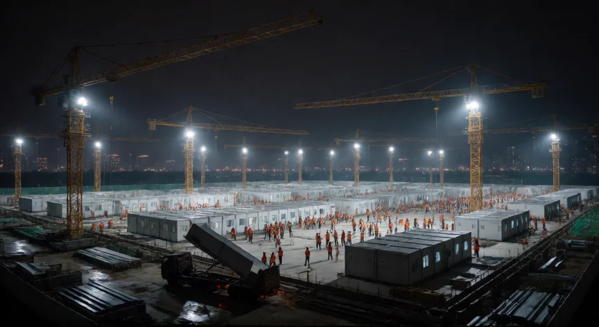 el hospital que hicieron los chinos en 7 días, Construcción nocturna del hospital Huoshenshan en Wuhan con grúas y trabajadores en turnos