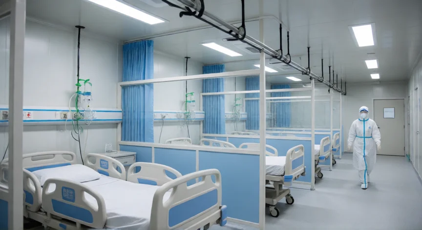 el hospital que hicieron los chinos en 7 días, Interior de una ala del hospital modular Huoshenshan con camas y personal sanitario