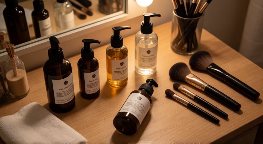 el mejor producto para crecer pestañas y cejas, Mesa de tocador con botellas de séricos para cejas y aceites naturales organizados