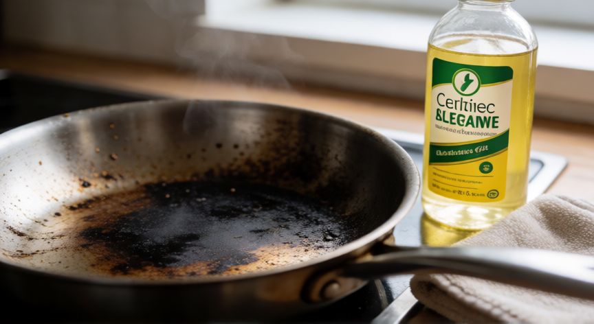 el mejor producto para limpiar sartenes quemadas, Sartén de acero inoxidable quemada con limpiador especial al lado