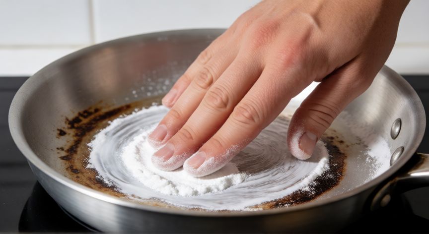 el mejor producto para limpiar sartenes quemadas, Aplicando pasta de bicarbonato en sartén quemada