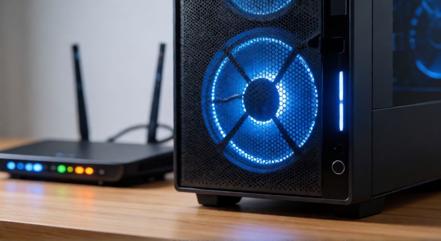el ordenador que realiza la transmision no responde, Ordenador de escritorio y router con luces de actividad indicando conexión de red