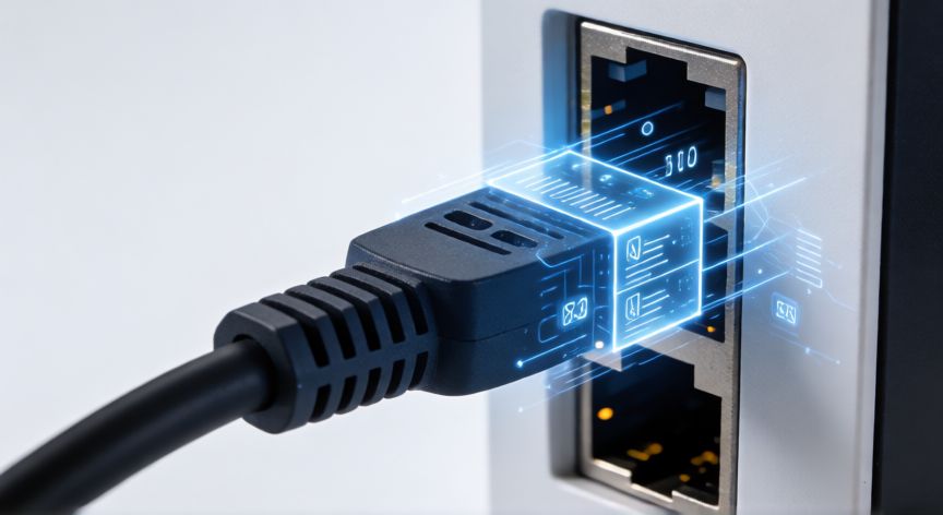 el ordenador que realiza la transmision no responde, Cable de red conectado a un puerto con representación gráfica de paquetes de datos