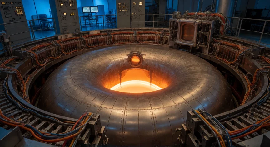 el sol artificial que hicieron los chinos, Interior del reactor de fusión EAST mostrando el plasma anular en el tokamak de Hefei, China