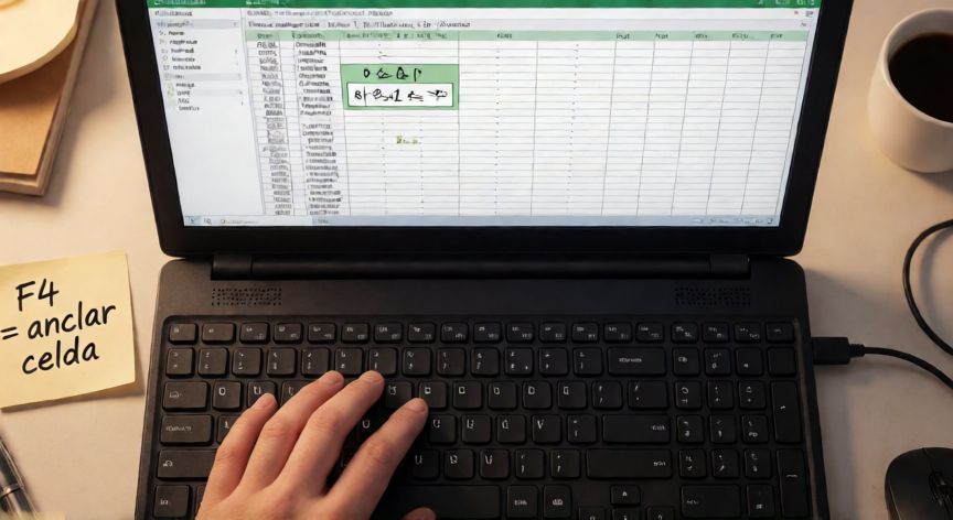en excel 2013 cómo se hace para escribir una fórmula en una celda, Manos escribiendo una fórmula en la celda activa de Excel 2013 con notas de referencia al lado