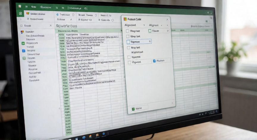 en excel ajustar texto a celda, Diálogo de formato de celda en Excel con la opción Ajustar texto activada