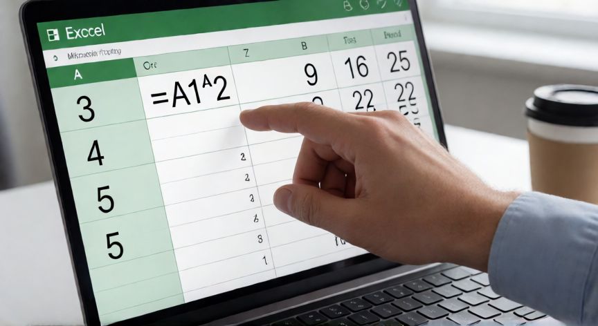 en excel al cuadrado, Pantalla de Excel mostrando la fórmula =A1^2 calculando cuadrados de números en una columna