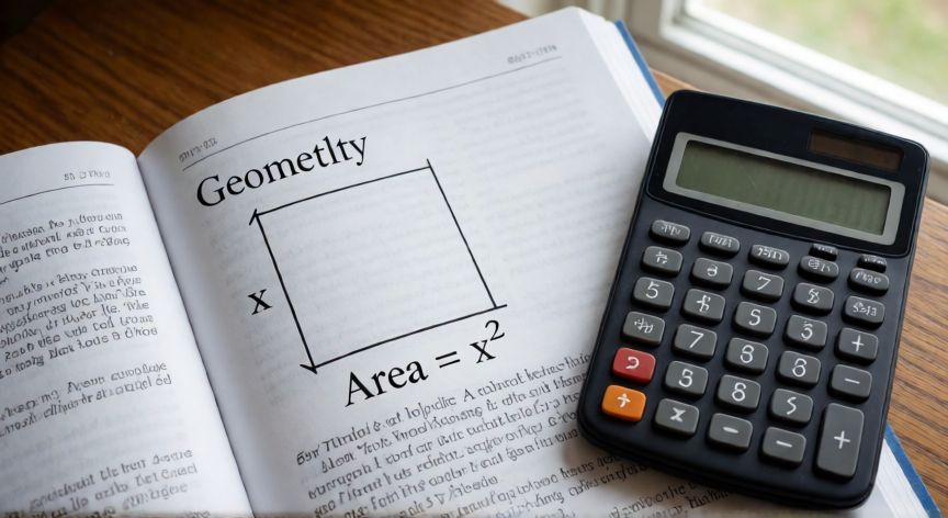en excel al cuadrado, Libro de geometría con la fórmula del área de un cuadrado junto a una calculadora sobre un escritorio de madera