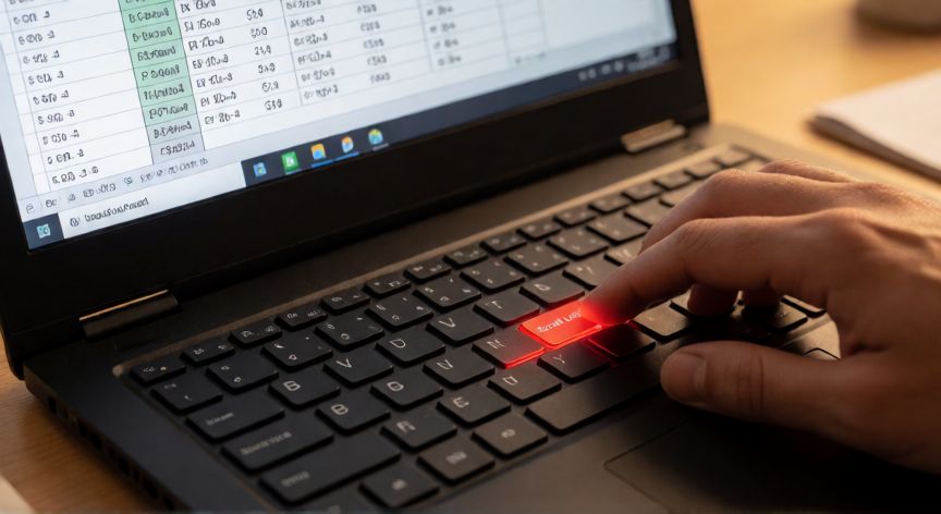 en excel al mover las flechas se mueve la pantalla, Teclado con la tecla Scroll Lock resaltada y ventana de Excel abierta mostrando el indicador en la barra de estado