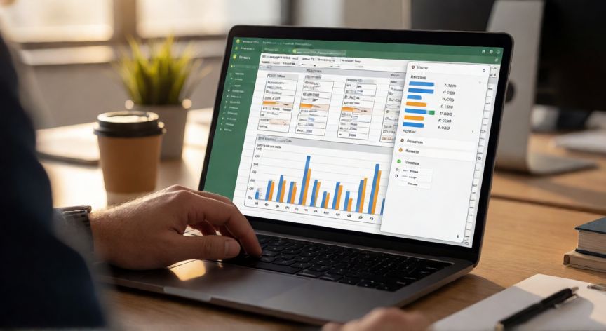 en excel analisis de datos, Persona realizando análisis de datos en Excel con tablas dinámicas y gráficos en pantalla