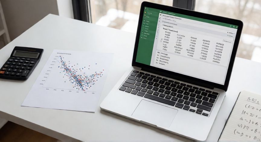 en excel analisis de datos, Análisis de regresión lineal en Excel con gráfico de dispersión impreso y fórmulas estadísticas en una libreta