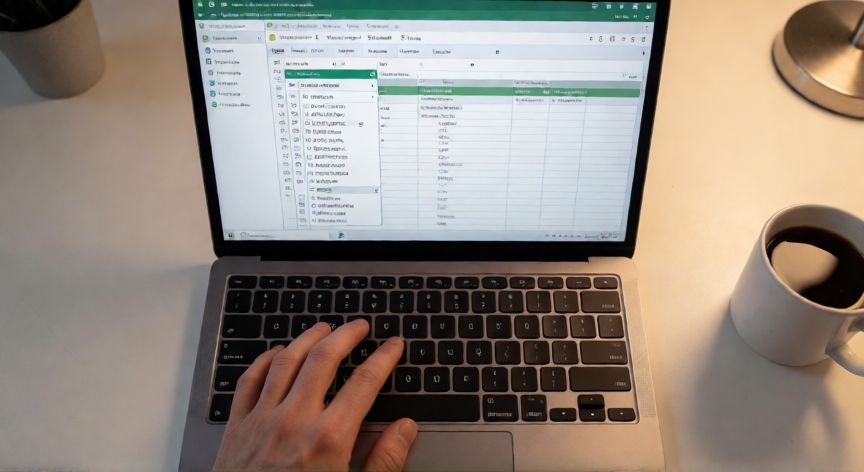 en excel autocompletar, Manos tecleando en un portátil con Excel mostrando listas desplegables y tablas estructuradas para autocompletar datos