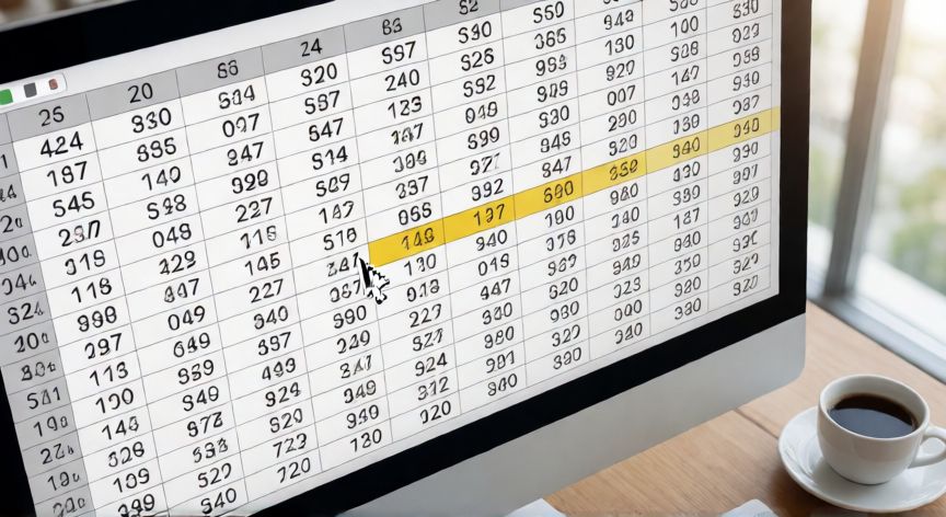 en excel buscar un valor en una matriz, Matriz de datos en Excel con una celda interseccional resaltada por la búsqueda