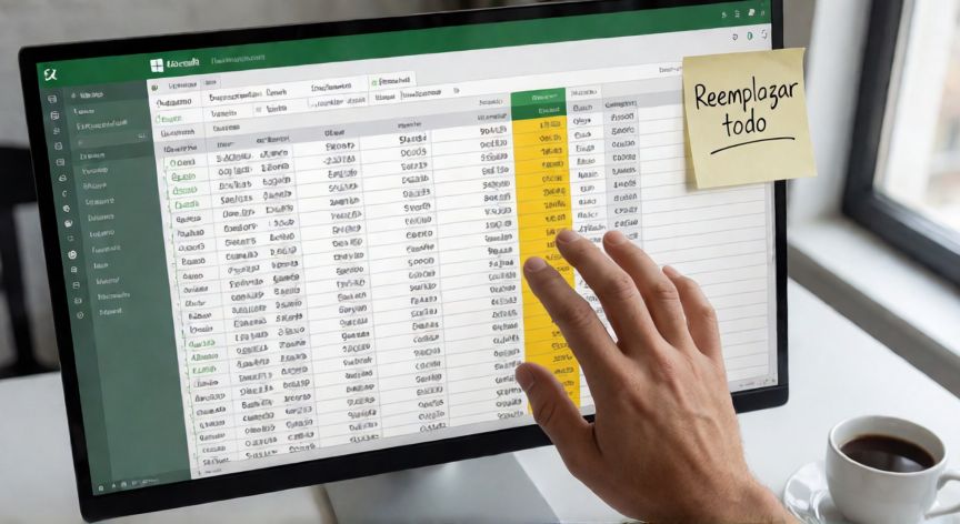 en excel buscar y reemplazar, Persona usando Excel para reemplazar texto masivamente en una columna de datos