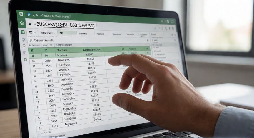 en excel buscarv, Persona escribiendo la fórmula BUSCARV en una hoja de Excel con tabla de datos