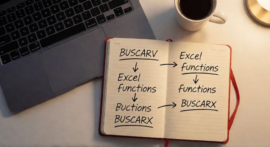 en excel buscarx, Comparación entre BUSCARV y BUSCARX en una libreta junto a un portátil