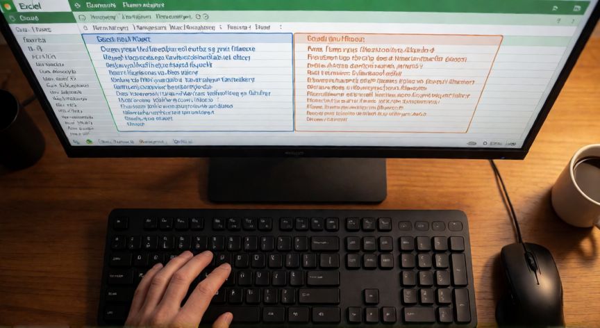 en excel como dividir una celda en dos, Manos trabajando en Excel con dos celdas adyacentes separadas por un borde visible