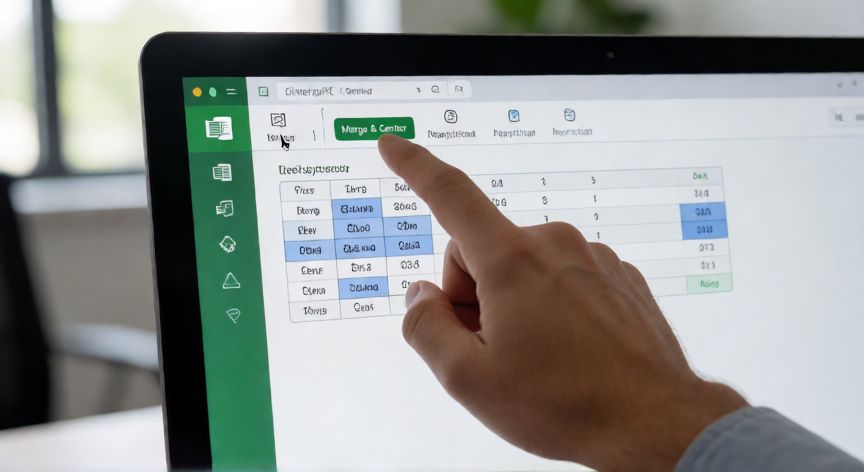 en excel como juntar celdas, Pantalla de Excel mostrando el botón Fusionar y centrar con celdas seleccionadas