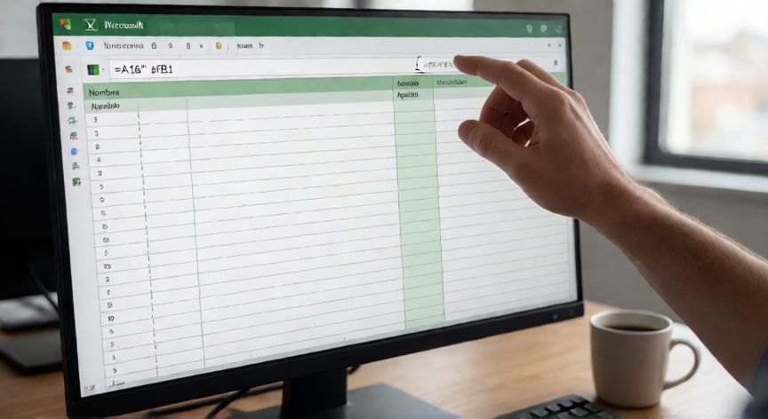 en excel como juntar dos celdas, Pantalla de Excel mostrando la fórmula A1&B1 para juntar dos celdas de nombre y apellido