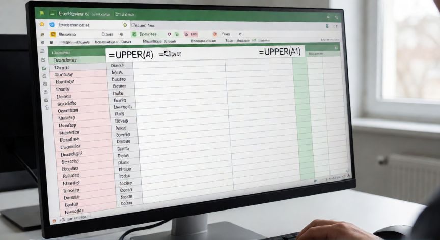 Hojilla de Excel mostrando la función UPPER convirtiendo texto en minúsculas a mayúsculas