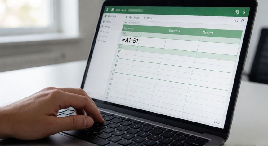 Mano escribiendo la fórmula de resta =A1-B1 en una celda de Excel en una laptop