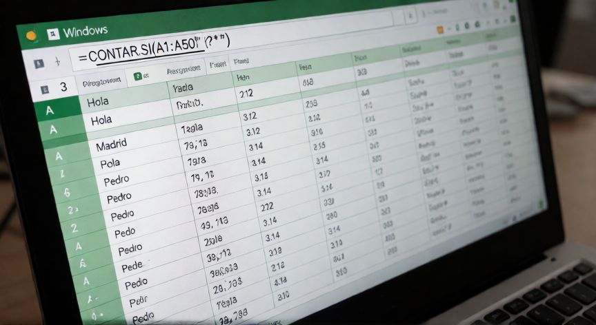 Hojilla de cálculo Excel mostrando la fórmula CONTAR.SI para contar celdas con texto en un rango mixto