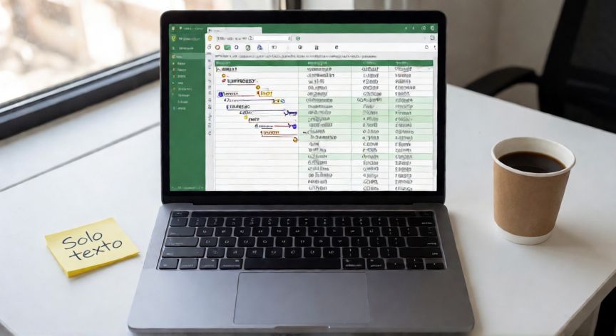en excel contar celdas con texto, Vista cenital de un escritorio con Excel abierto mostrando la fórmula SUMAPRODUCTO con ISTEXT para filtrar celdas de texto