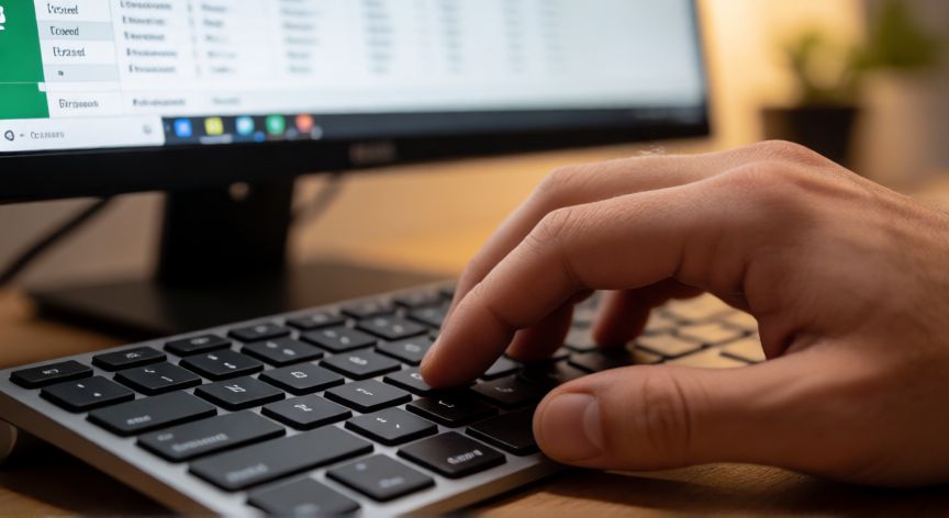 en excel ctrl 1, Manos pulsando las teclas Ctrl y 1 simultáneamente en un teclado con Excel de fondo