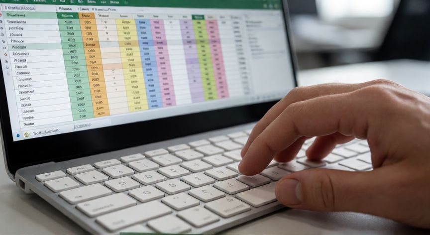 en excel ctrl j, Mano pulsando Ctrl+J en un teclado con una hoja de cálculo de Excel visible en la pantalla