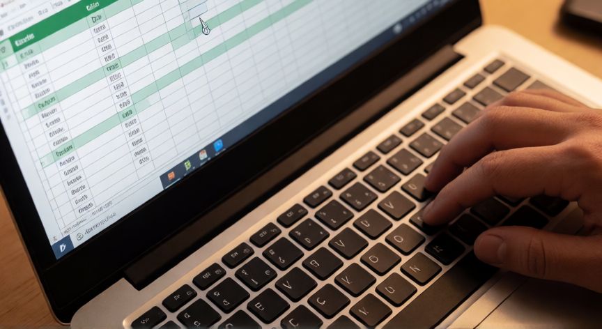 Manos escribiendo en teclado con pantalla de Excel mostrando celdas y cursor