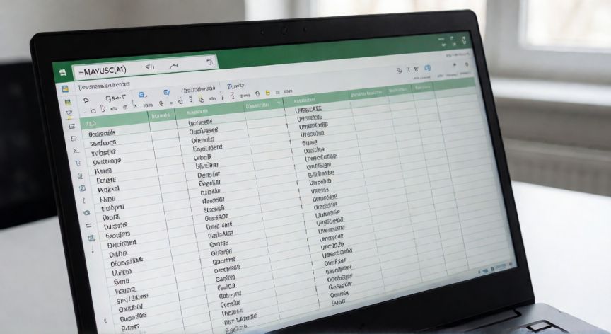 Pantalla de Excel mostrando la función MAYUSC transformando texto de minúsculas a mayúsculas en una columna