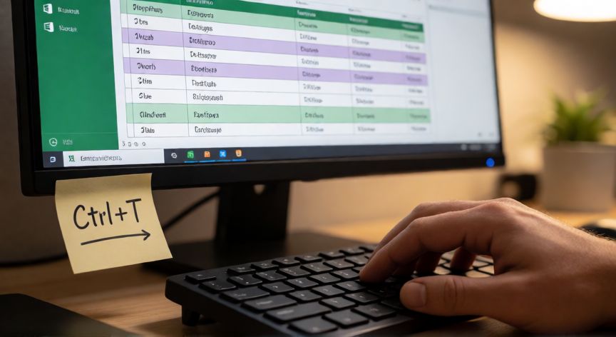 en excel donde esta diseño de tabla, Manos usando el atajo Ctrl+T para crear una tabla en Excel con la pestaña de diseño visible