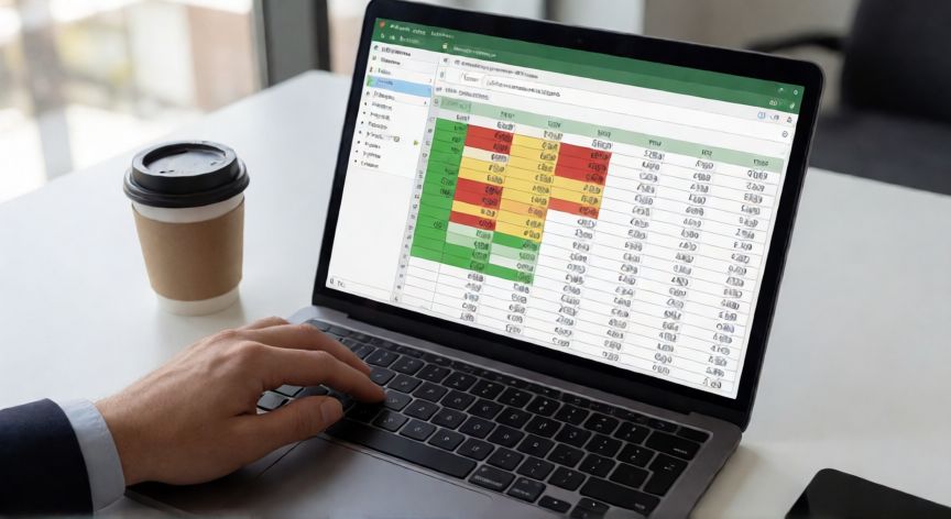 en excel donde esta formato condicional, Hoja de cálculo de Excel con celdas resaltadas por formato condicional en verde, rojo y amarillo