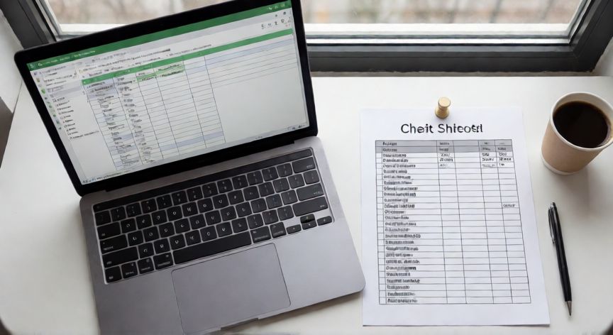 en excel el atajo para guardar un archivo es ctrl+g, Espacio de trabajo con hoja de atajos de teclado de Excel impresa junto a un portátil