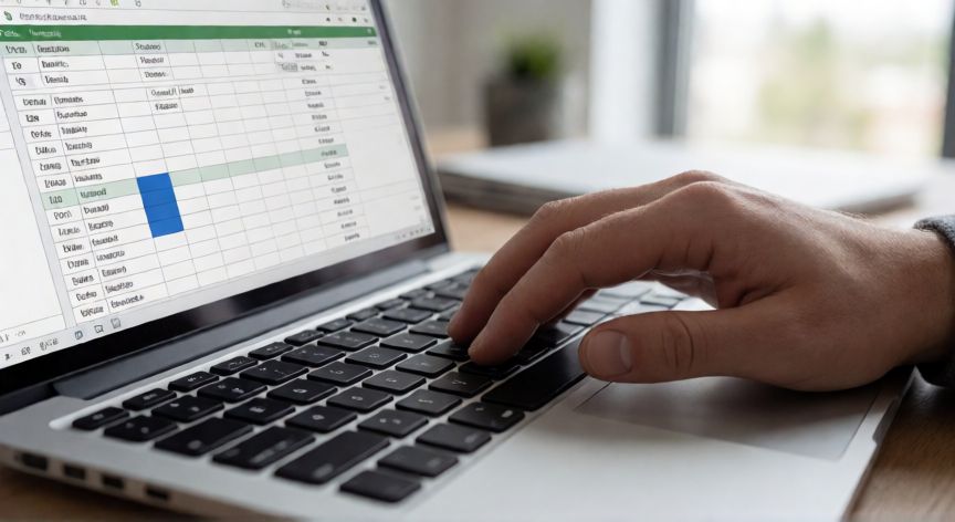 Manos sobre teclado de portátil con hoja de cálculo de Excel abierta y celda seleccionada