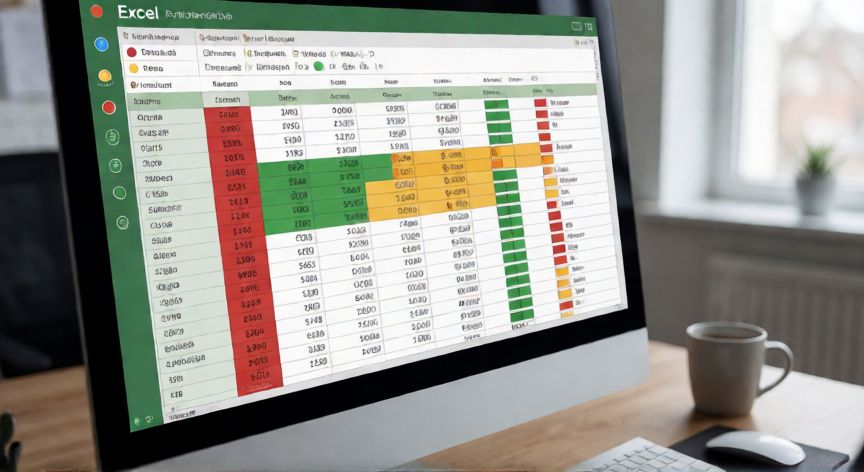 Hojá de cálculo de Excel con formato condicional aplicado: celdas en rojo, verde y amarillo con barras de datos