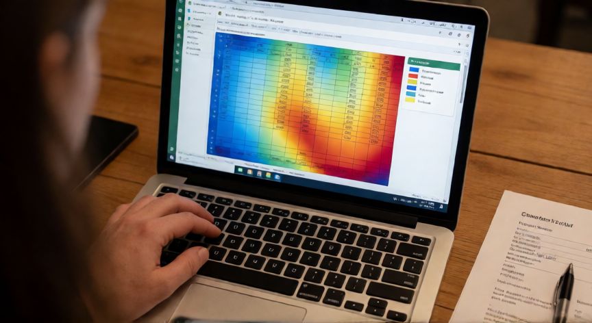en excel el formato condicional sirve para, Persona trabajando en una hoja de Excel con formato condicional tipo mapa de calor sobre tabla de datos