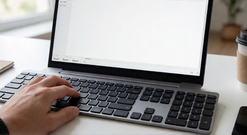 Mano pulsando Ctrl+N en teclado con Excel mostrando un libro en blanco de tres hojas