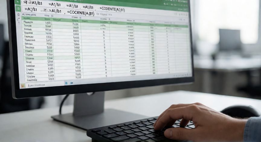 Person writing a division formula in Microsoft Excel spreadsheet