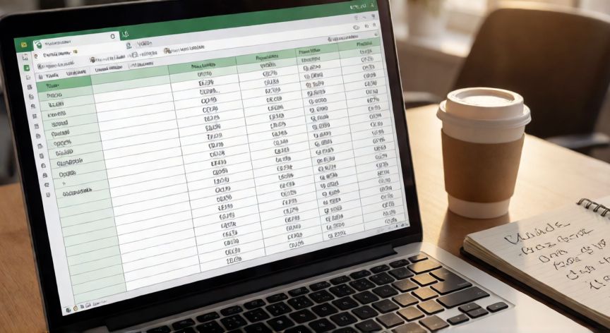en excel formula para dividir, Excel spreadsheet with division formulas calculating unit prices and percentages on a laptop
