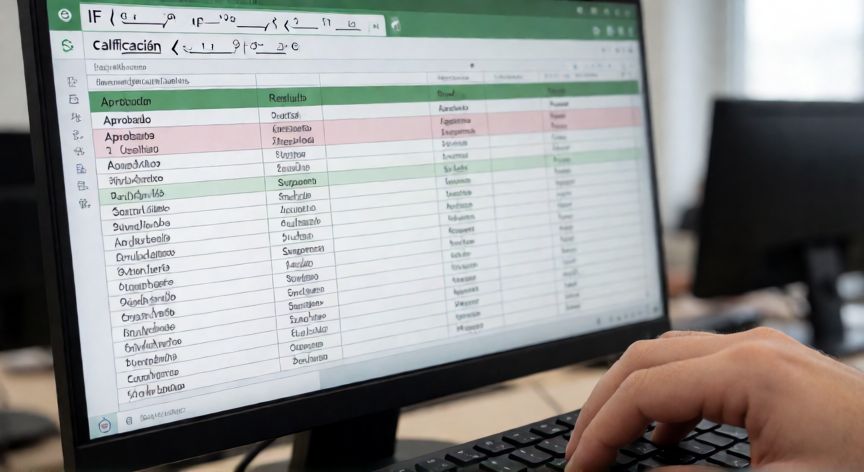Persona escribiendo la función SI en Excel mostrando una tabla de calificaciones con resultados Aprobado y Suspenso