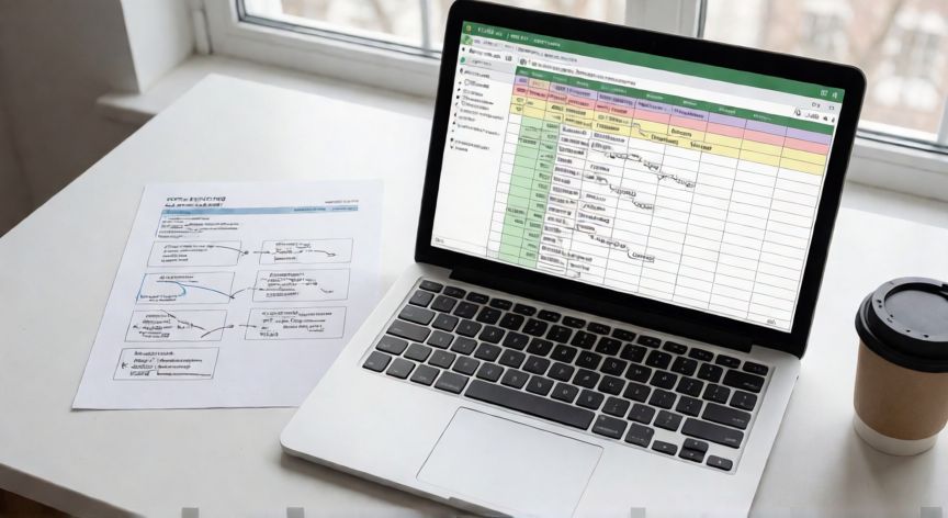 en excel funcion si, Vista cenital de un escritorio con laptop mostrando fórmulas SI anidadas en Excel y una hoja de referencia impresa