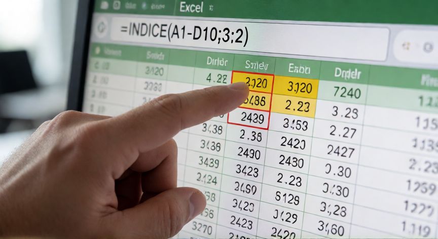 en excel indice, Mano señalando una celda con la fórmula de INDICE en una hoja de cálculo de Excel
