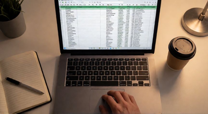 en excel inmovilizar paneles, Manos trabajando en un portátil con Excel mostrando tabla extensa con encabezados inmovilizados en la parte superior
