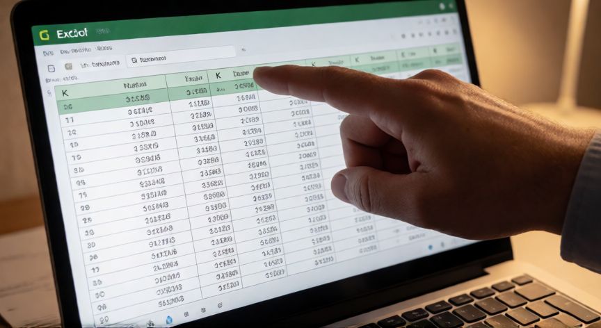 en excel las columnas se identifican con letras, Mano señalando la letra K en el encabezado de una columna de Excel