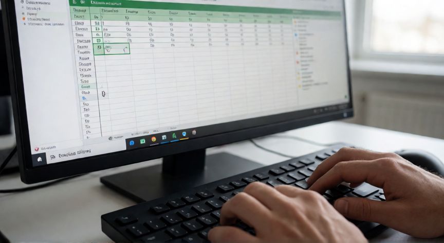 en excel las flechas no cambian de celda, Manos tecleando en un teclado con Excel en pantalla en modo edición de celda